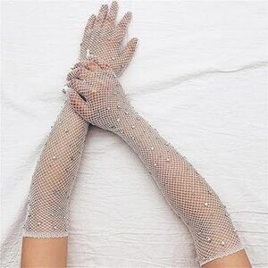 WHITE Mesh Rhinestone Opera Length Showgirl Gloves NEW NIP